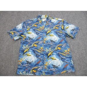 VINTAGE Paradise Found Shirt Mens Large Blue‎ Aloha Hawaiian Under The Sea AOP